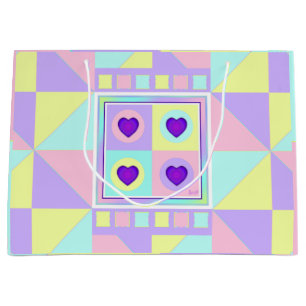 Pastel colours & purple hearts beating large gift bag