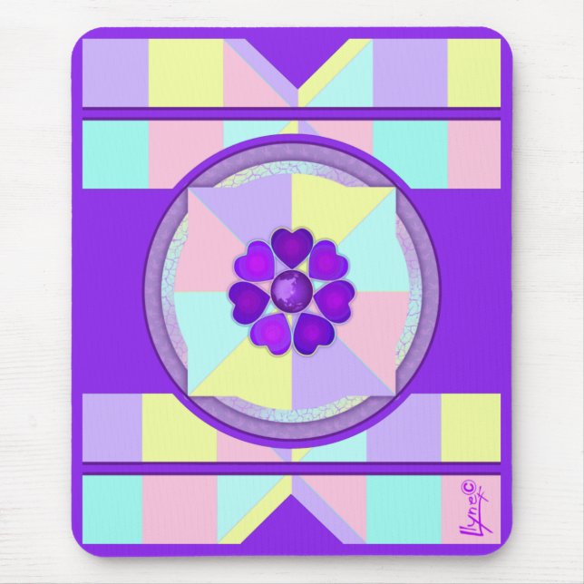 Pastel colours & purple hearts beating mouse mat (Front)