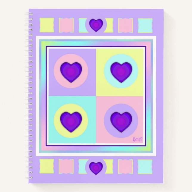 Pastel colours & purple hearts beating notebook (Front)