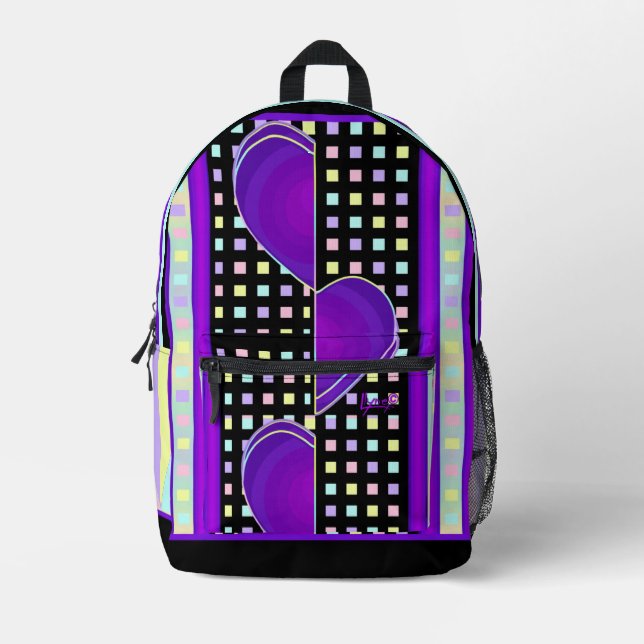 pastel colours & purple hearts beating printed backpack (Front)