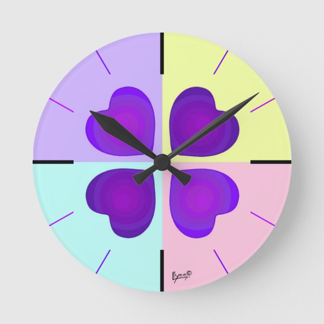 Pastel colours & purple hearts beating round clock (Front)