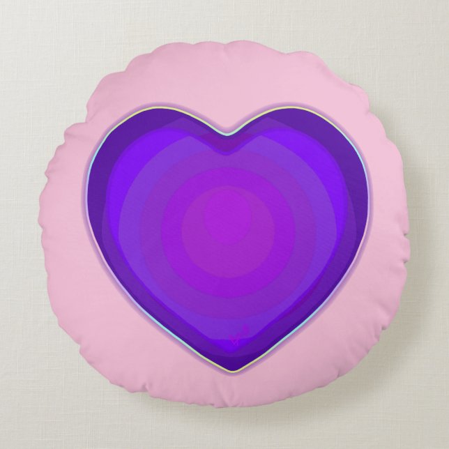 Pastel colours & purple hearts beating round cushion (Front)