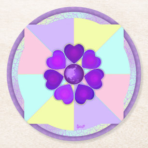 Pastel colours & purple hearts beating round paper coaster