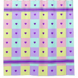 Pastel colours & purple hearts beating shower curtain