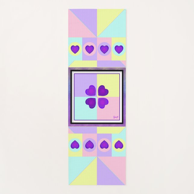 Pastel colours & purple hearts beating yoga mat (Front)