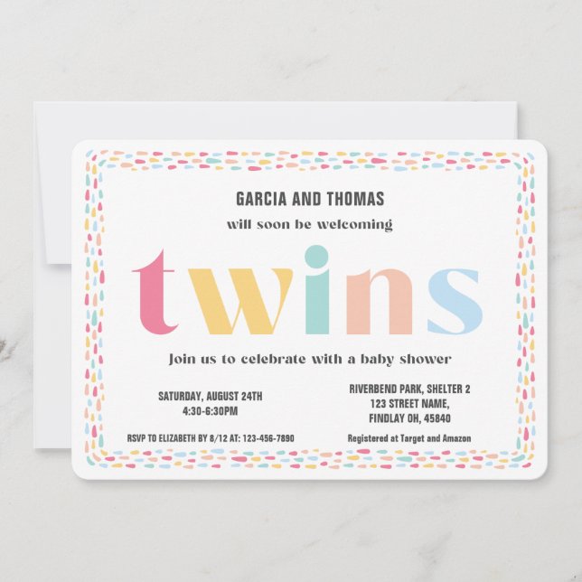Pastel Colours Rainbow Baby Shower Twins Sprinkle Invitation (Front)