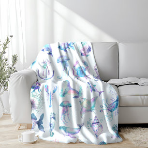 Pastel colours sea animals pattern fleece blanket