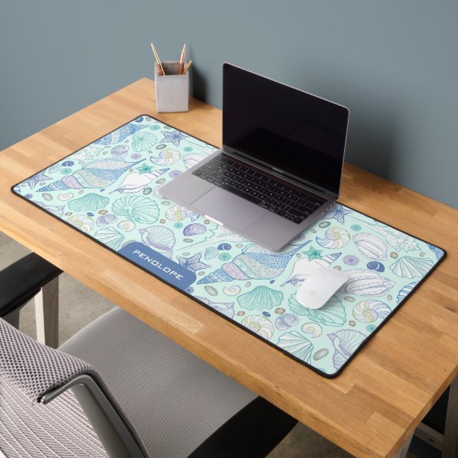 Pastel colours seashells pattern custom monogram desk mat (Office 2)
