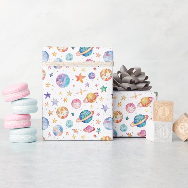 Pastel colours space planets on white background wrapping paper (Baby Shower)