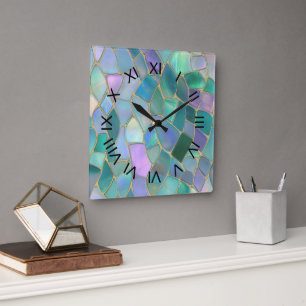 Pastel colours stained glass mosaic pattern square wall clock