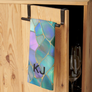 Pastel colours stained glass mosaic pattern tea towel