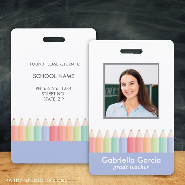 Pastel Colours Teacher School Staff Id Badge (Teacher name badge with picture, in blue and a colorful rainbow. School staff id badge)