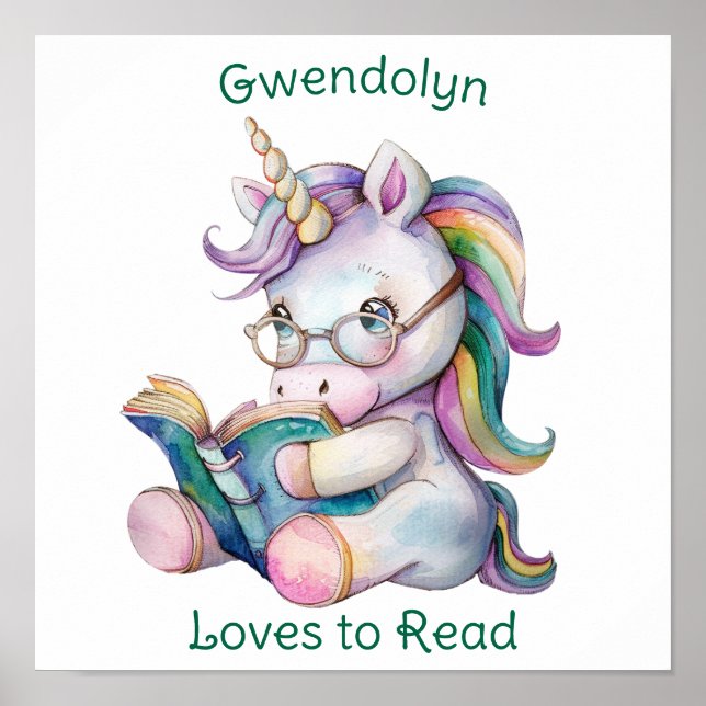 Pastel Colours Unicorn Reading Teal Text Poster (Front)