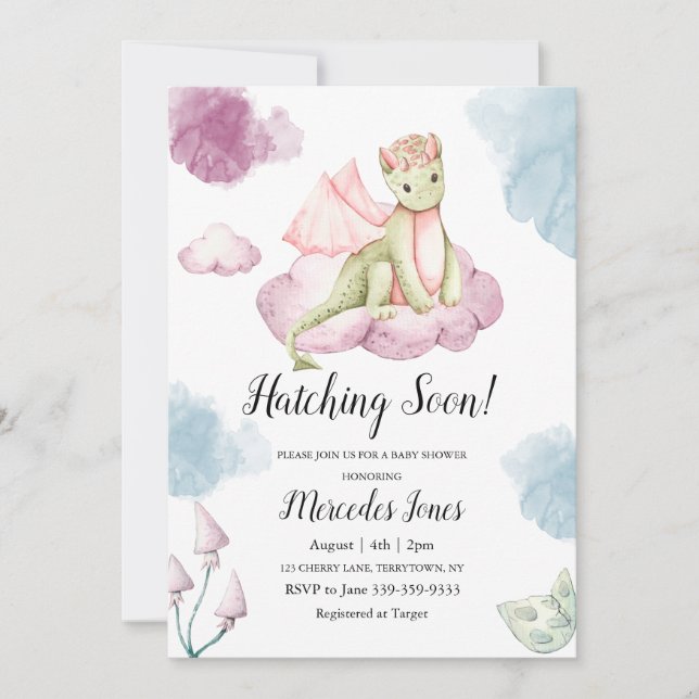 Pastel Colours Watercolor Dragon on Pink Cloud Invitation (Front)