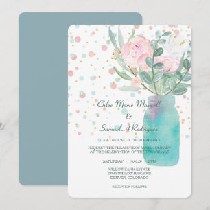 Pastel Confetti Mason Jar Flowers Wedding Invitation