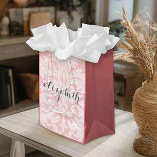 Pastel Coral and Grey Damask Suite for Women Medium Gift Bag
