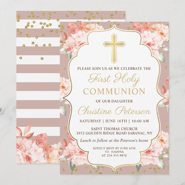 Pastel Coral Floral Gold Cross 1st Holy Communion Invitation (Front/Back)