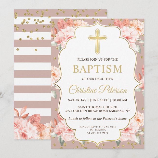 Pastel Coral Floral Gold Cross Girl Baptism Invitation (Front/Back)