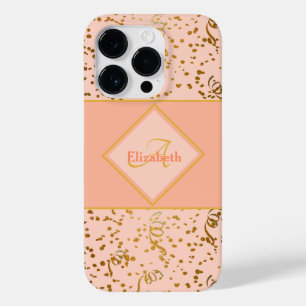 Pastel Coral Gold Confetti Monogram Custom Name Case-Mate iPhone 14 Pro Case