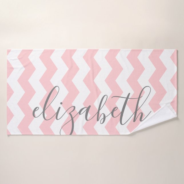 Pastel Coral Gray Chevron Huge Script Name Bath Towel (Bath Towel)