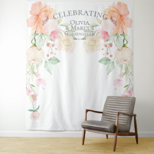 Pastel Coral Ivory Peonies Wedding Backdrop Tapestry