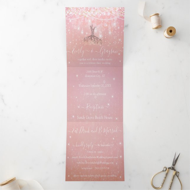 Pastel Coral Pink Purple Heart Leaf Tree Wedding Tri-Fold Invitation (Inside)