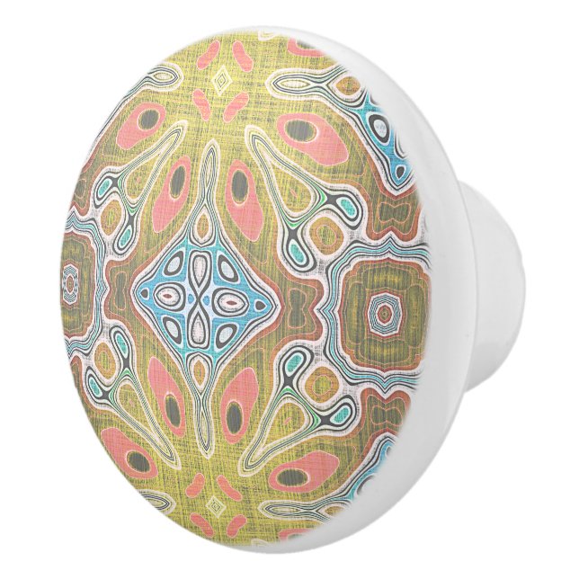 Pastel Coral Pink Red Yellow Blue Tribal Pattern Ceramic Knob (Right)