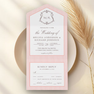 Pastel Coral Pink Striped Crest Monogram Wedding All In One Invitation