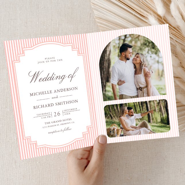 Pastel Coral Pink Striped Photo QR Code Wedding Invitation (Creator Uploaded)