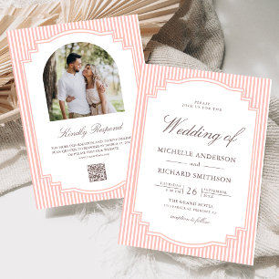 Pastel Coral Pink Striped Photo QR Code Wedding Invitation