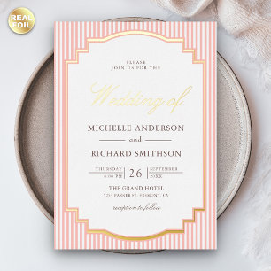 Pastel Coral Pink Striped Photo Wedding Gold