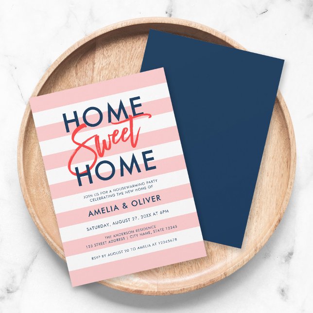 Pastel Coral Pink Stripes Blue Housewarming Party Invitation (Creator Uploaded)