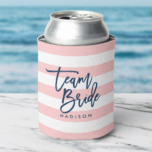 Pastel Coral Pink & White Stripes Blue Team Bride Can Cooler