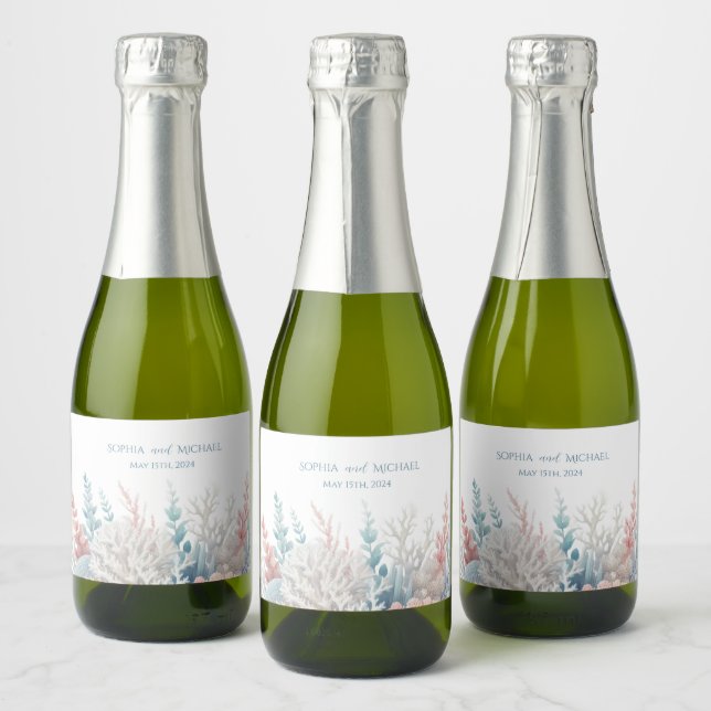 Pastel Coral Reef-Beach Wedding Sparkling Wine Label (Bottles)