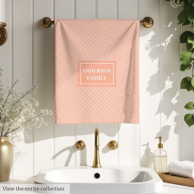 Pastel Coral Tartan Towels Chic Aesthetic Bathroom (Coral Grey Tartan Towels Chic Aesthetic Bathroom)