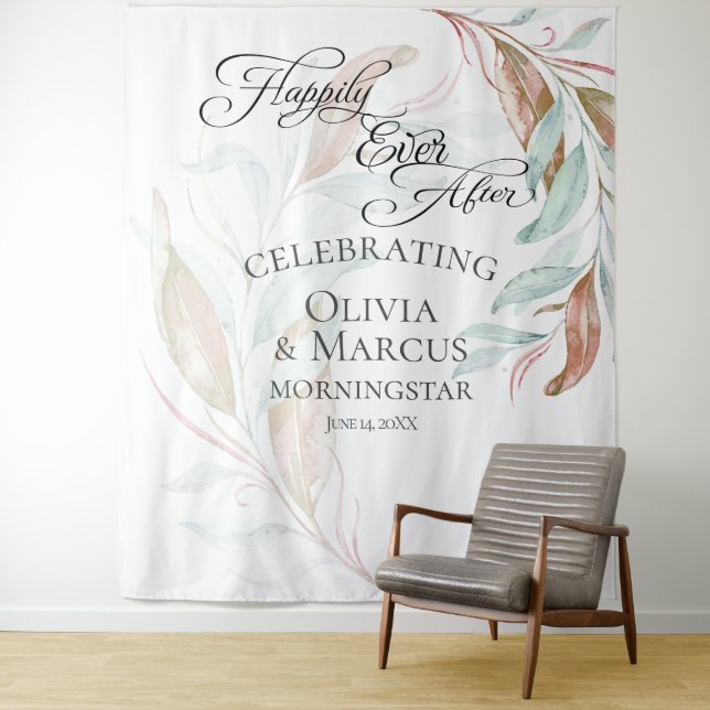 Pastel Coral Teal Foliage Wedding  Photo Backdrop Tapestry (In Situ)