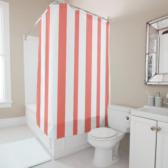 Pastel Coral White Summertime Stripes Shower Curtain (In Situ)