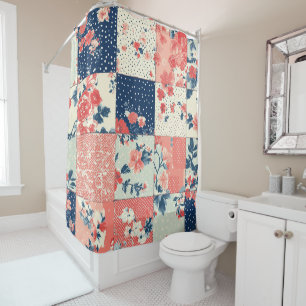 Pastel Cottage Floral Quilt in Indigo and Peach Shower Curtain