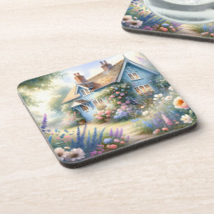 Pastel Cottage Garden Blue House Floral Scene Coaster