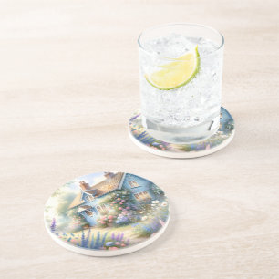 Pastel Cottage Garden Blue House Floral Scene Coaster