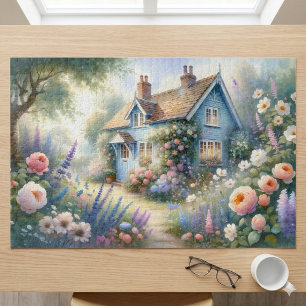 Pastel Cottage Garden Blue House Floral Scene Jigsaw Puzzle