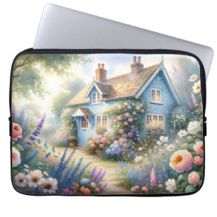 Pastel Cottage Garden Blue House Floral Scene Laptop Sleeve