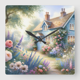 Pastel Cottage Garden Blue House Floral Scene Square Wall Clock