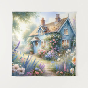 Pastel Cottage Garden Blue House Floral Scene Tapestry