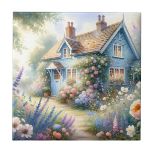 Pastel Cottage Garden Blue House Floral Scene Tile