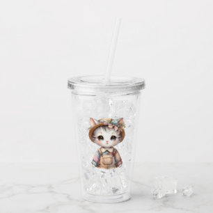 Pastel Cottagecore Cat in Overalls & Straw Hat Acrylic Tumbler