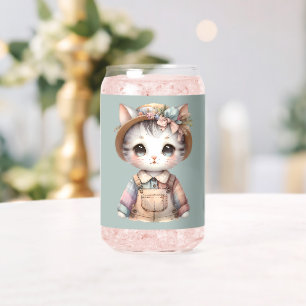 Pastel Cottagecore Cat in Overalls & Straw Hat Can Glass
