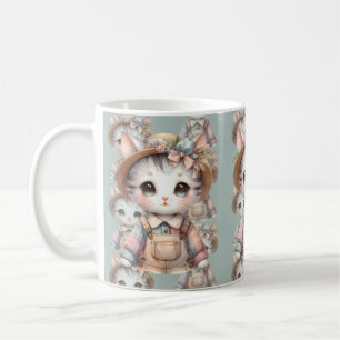 Pastel Cottagecore Cat in Overalls & Straw Hat Coffee Mug