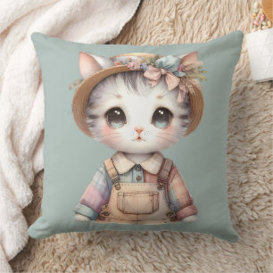 Pastel Cottagecore Cat in Overalls & Straw Hat Cushion