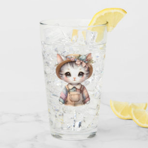 Pastel Cottagecore Cat in Overalls & Straw Hat Glass